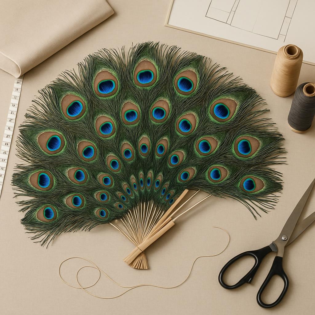Peacock feather, possibly used in costume or DIY craftfish Here is the alt text: Peacock feathers in a fan arrangement, pr...