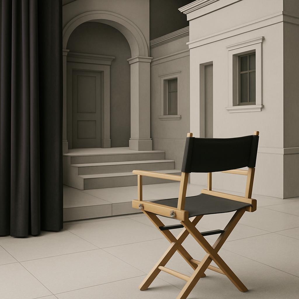 "A director's chair in a scene-setting environment with a backdrop of building architecture and steps."