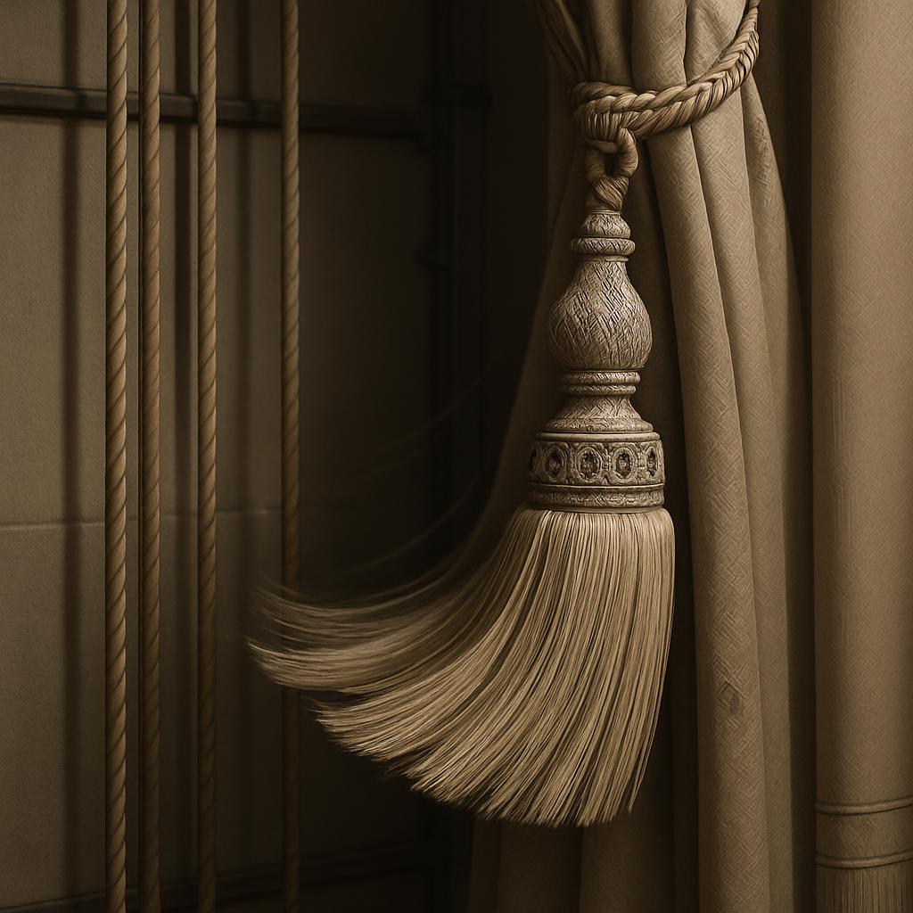 Alt text: A close-up of a curtain tie-back with a long, decorative tassel.