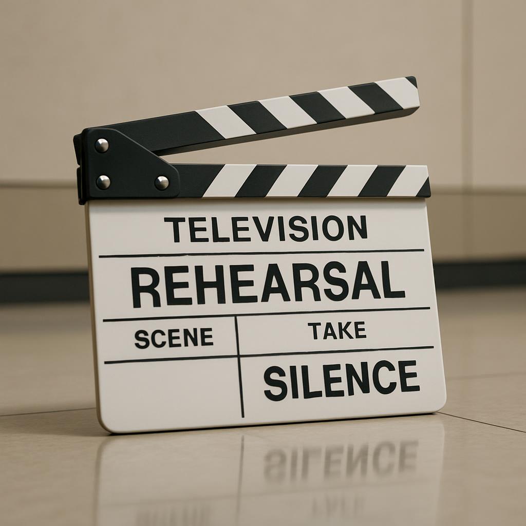 Alt text: A clapperboard indicating a TV rehearsal scene, with the words "TELEVISION," "REHEARSAL", "SCENE", "TAKE", and "...
